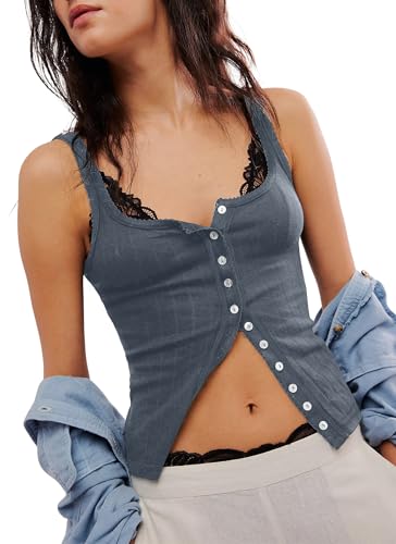 Neweek Women's Sleeveless Vest Button Front Tank Tops Ribbed Knit Square Neck Picot Trim Slim Fitted Y2K Shirts 20252