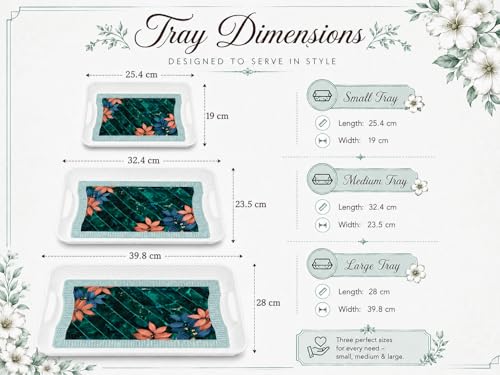 Image of 3 Pcs Plastic Serving Tray Set with Handle | Multipurpose Tea Snacks Breakfast Tray | Floral Printed Rectangular Serving Trays for Kitchen & Home (Green Leaf)