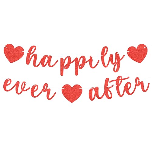 Image of Pre-Strung Happily Ever After Banner - Red Glitter Bachelorette Bridal Engagement Party Decoration Supplies, Bachelorette Wedding Party Banner for Bridal Shower or Engagement Party Photo Booth Props
