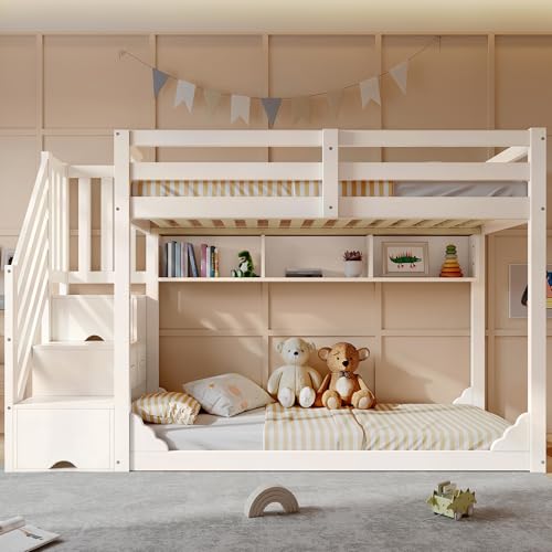 Merax Litera infantil de 90 x 200 cm con armario de escalera y espacio de almacenamiento, de madera, para ahorrar espacio, con barandillas de seguridad y estantes, color blanco