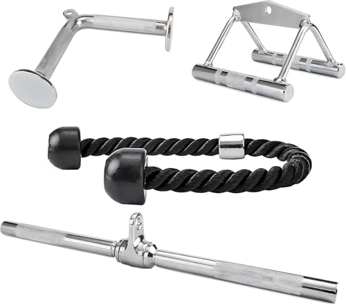 Fitvids 4-Piece Cable Machine Attachment Set for Home Gym, LAT Pulldown Bar, V Bar Attachment, Double D Row Handle and Tricep Rope for Back, Arm and Strength Training，Chrome