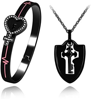 Stainless Black Heart Lock Bangle Heartbeat Line CZ Pave Cross Cuff Bracelet with Shield Key Pendant Necklace Couples Set (Heart, Black)