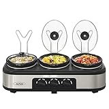 Sunvivi Triple Slow Cooker, Buffet Server & Warmer with 3 Removable Ceramic Pots, 3 Adjustable Temp Settings & 3 Metal Lid Rests, Stainless Steel, 4.5 QT Silver
