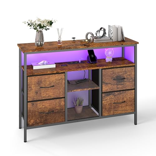 hitsuki Fernsehkommode & TV Bank Holz | Fernsehertisch Sideboard TV Lowboard | TV Cabinet for Living Room mit LED Beleuchtung & 4 Schubladen | Holz/Metall-Design/Vintage/Industriell 110x30x78cm