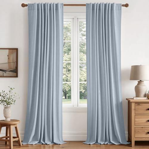 MIULEE 100% Blackout Linen Curtains for Bedroom 40W x 84L Light Blue