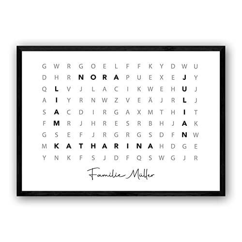 Personalisiertes Geschenk Familie Poster – Kreuzworträtsel mit Namen im Querformat – Wandbild als personalisierte Deko – Geschenkidee zum Einzug oder Jahrestag – Minimalistischer Schwarz-Weiß-Stil