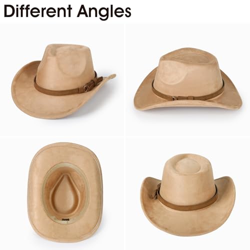 Image of 2 Pack Western Cowboy Hats for Women Men 2 Different hat Bands | Classic Felt Wide Brim Costume Cow Boy Hat Curved Brim Cowgirl Hat