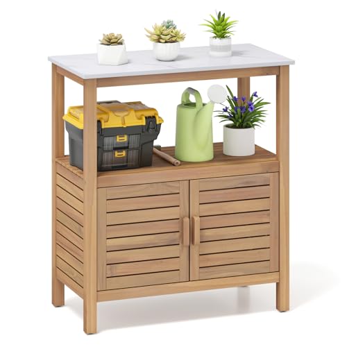 GIANTEX Armario de Jardín de Madera de Acacia, Mueble de Almacenamiento con 2 Estantes Abiertos, 1 Compartimento con Puertas y Superficie de Resina, 80 x 40 x 90,5 cm, para Balcón, Patio