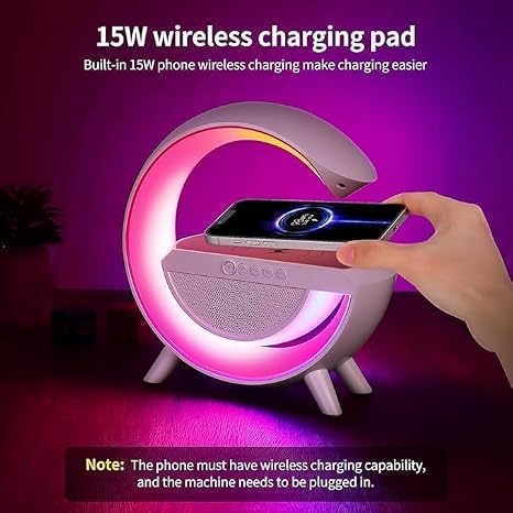 Image of G-Shape LED Wireless Charging Lamp with Bluetooth Speaker | 4 in 1 Multifunctional, RGB Atmosphere Light, Digital Alarm Clock, Dual Alarm Settings, Bedside Night Lamp