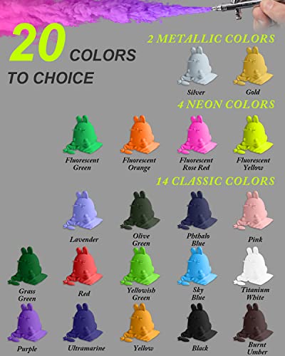 Airbrush Paint, 20 Colors With 2 Cleaner And 2 Thinner Airbrush Paint Set, Water-Based Air Brush Paints Acrylic Ready To Spray Includes Metallic & Neon Colors, 20Ml/Bottle #TOP1