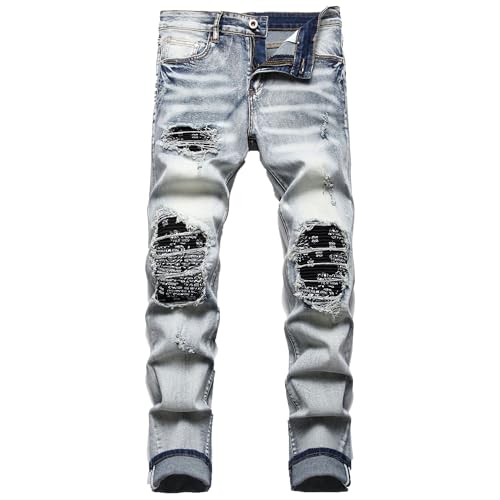 Men's Slim Fit Straight Leg Jeans Classic Zipper Biker Regular Fit Jean Trousers Wash Distressed Cargo Denim Pants