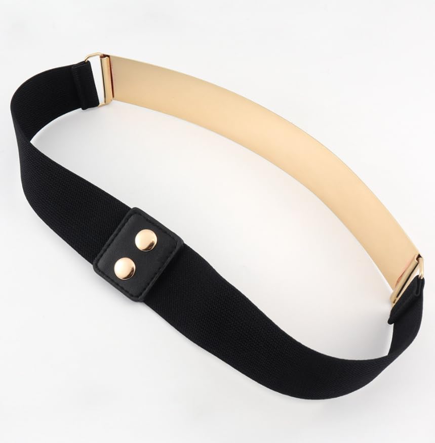 Women's Elasticated Leather Belt, 1.6' (4cm) Glossy Wide Metal Belt, Alloy Locking Buckle Belt Decoration4