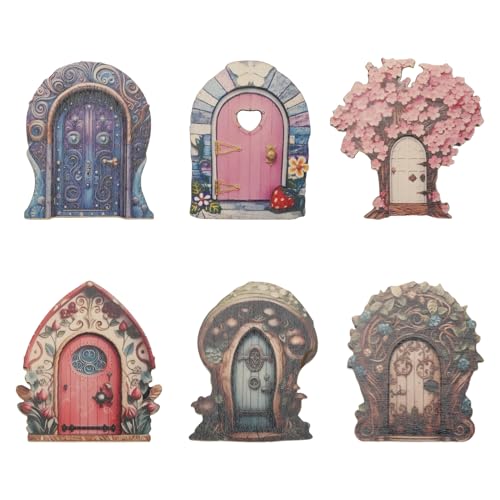 Tabanzhe 6 Pcs Miniature Wooden Fairy Doors, Elf Doors for Garden Trees, Fairy Garden Ornaments and Accessories for Home, Indoor, Lawn, Yard, and Potted Decoration