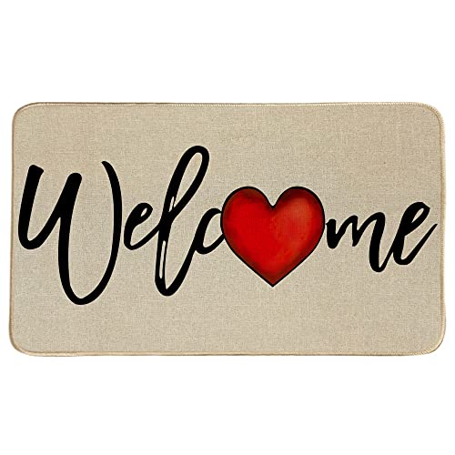 Welcome Valentines Day Door Mat 17 x 29 Inch, Seasonal Love Heart Valentines Decorative Doormat Non-Slip Rubber Backed Entryway Rugs for Indoor Outdoor Entrance Floor DM041