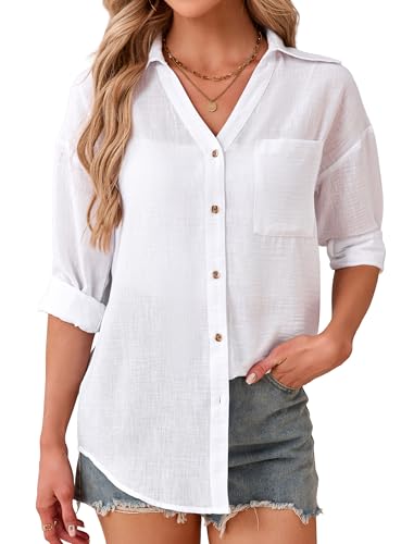 Enmain Blusa Lino Mujer Verano Camisa Manga Larga Femenina Blanco Cuello en V Blusas Casual Elegante Cómoda Ligero Transpirable Talla Grande XL Ideal para Oficina Trabajo Playa Vacaciones​