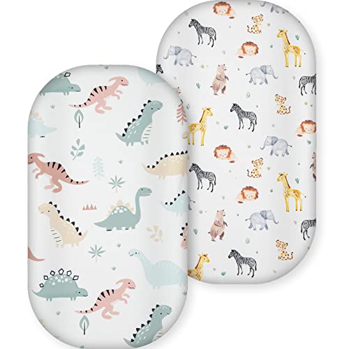 Image of Bassinet Sheets for Baby Boy Girl, Ultra Stretchy Snug Fitted, Bassinet Sheet Set Mattress Protector, 2 Pack, Dinosaur&Animal