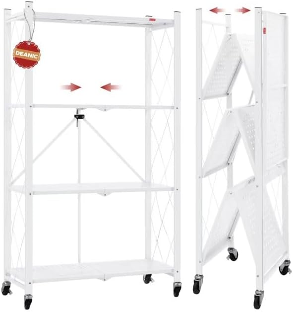 DEANIC 4 Tier Foldable Storage Shelves with Wheels, Large Capacity Shelving Unit, Freestanding Metal Wire Shelf Rack, No Assembly Organizer Rack for Garage Kitchen, Basement, Pantry(White)