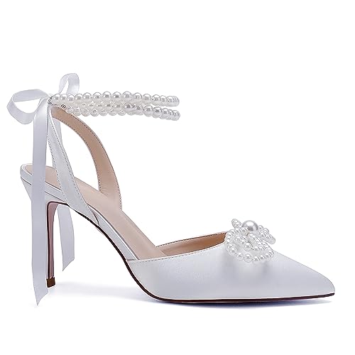 Anna's Bridal Satin White Wedding Shoes for Bride High Heels Closed Toe Bridal Shoes Sandals Prom Party Dress Pumps Sandals Elegant Pointed Toe Bridal Pear Heels for Women3