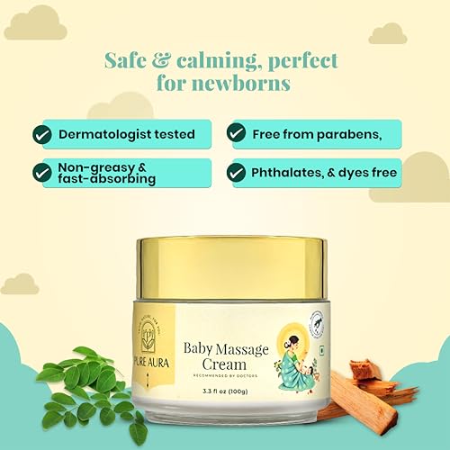 Image of Pure Aura Baby Massage Cream 100g, Pack of 3 - Doctor Recommended Ayurvedic Baby Cream with Natural Herbs | Chemical-Free Nourishing & Soothing Care for Newborns & Kids