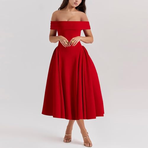 Image of Women's Summer Off Shoulder Fit and Flare Midi Dress - Sleeveless Sexy A Line Corset Club Party Going Out Dresses