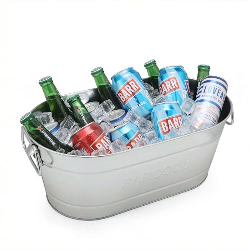 Barcool 12L Oval Party Tub - Galvanized Steel Beverage Cooler for Rustic Drinks Service Outdoor/Indoor Use Perfect for Party & Entertaining Ice Bucket inc Bottle Opener