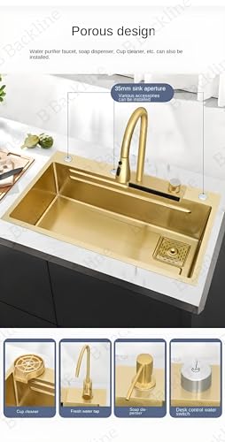 Image of B Backline Kitchen Sink SS 304 Grade Modular Sink With Pull-Down Faucet and Rainfall Mode,RO Mineral Water Tap, Glass Washer, Fruit Basket, Chopping Board, Kitchen Sink 30 inch X 18' inch X 9 inch Inches (Gold)