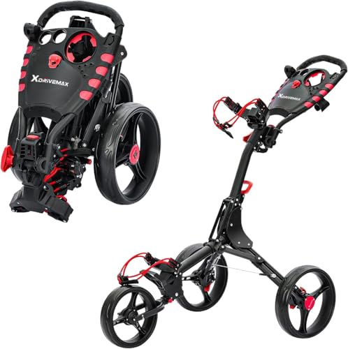 Image of XDriveMax GC408 Folding Golf Push Cart, 3 Wheel Golf Trolley Lightweight Golf Bag Pull Cart Caddy Cart for Golf Clubs and Golf Bag with Cup Holder Scorecard Holder /Storage Compartment(Red) Pack