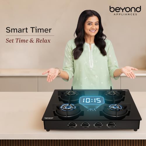 Image of Beyond Appliances Auriga Pro 4 Full Brass Burner Smart Gas Stove | Auto Ignition | Digital Timer | Flame Failure Device | Toughened Glass | ISI Certified, LPG & PNG Compatible, PAN India Service