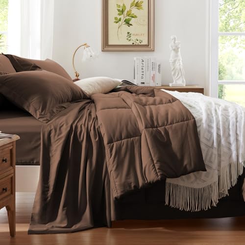 Anluoer Twin Size Bed in a Bag 5 Pieces, Brown Bed Comforter Set with Sheets, All Season Bedding Sets with 1 Comforter, 1 Pillow Sham, 1 Pillowcase, 1 Flat Sheet, 1 Fitted Sheet