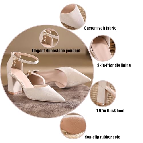 Women's Suede Ankle Strap Chunky Heel Pumps Closed Pointed Toe Non-Slip Mid Block Heel Sandals Daily Wedding Party Dating Dress Shoes3