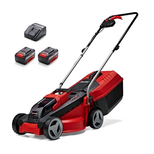 Einhell Cortacésped inalámbrico GE-cm 18 Li Set Power X-Change (18 V, 30 cm de ancho de corte, hasta 150 m², sin escobillas, cesta de 25 L, altura de corte de 30-70 mm, incluye 2 baterías y 1 cargador