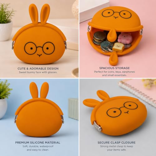 Image of FunBlast Cute Bunny Shape Silicone Coin Purse for Kids & Adults - Mini Pouch for Coins, Earphones, Keys & Small Essentials, Aesthetic Pouches for Girls & Women - 12 X 9.5 X 3 Cm (Bunny-Brown)