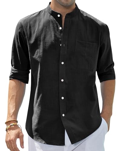 Chemise en coton et lin J.VER noire de qualité supérieure avec col boutonné L