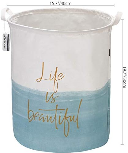 Sea Team 19.7" x 15.7" Large Sized Folding Cylindric Canvas Fabric Laundry Hamper Storage Basket with Two-Tone Design,Blue & White