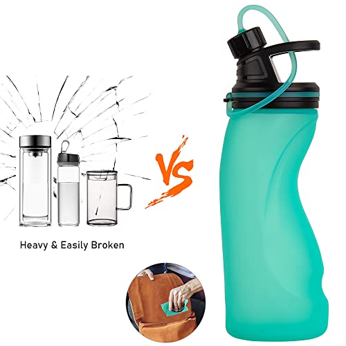 E-Senior Collapsible Water Bottle BPA Free - Foldable Water Bottle for Travel Sports Bottles with Triple Leak Proof Lightweight 17oz (Upgraded Aqua Blue)