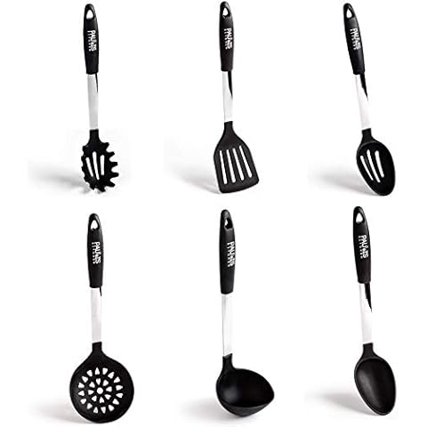 Paulis Kitchen 6 teiliges Kochbesteck Küchenhelfer Set Silikon schwarz und Edelstahl Küchen Werkzeug Küchenzubehör Koch geschirrset Cover