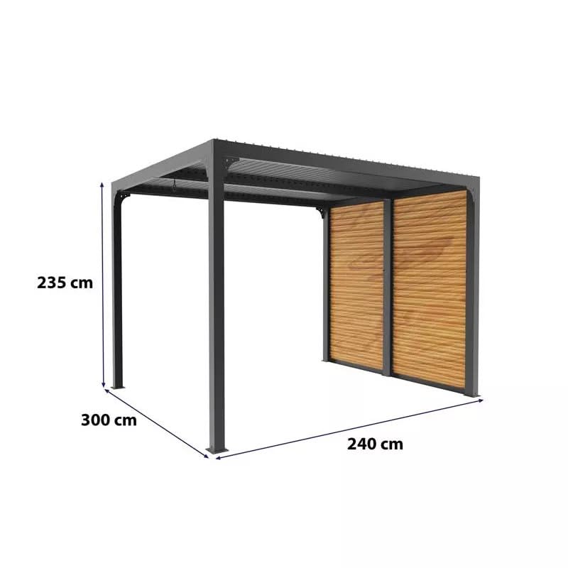 Pergola bioclimatique Habrita Foresta PER2430VBBI Aluminium 7,2m2 Gris Anthracite avec ventelles latérales Mobiles Imitation Bois pour côté 3m