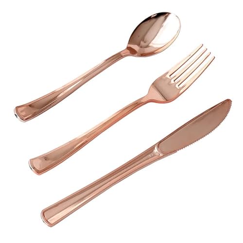 Juego de cubiertos de plástico metálico brillante de 30 piezas Cubiertos Tenedores Cucharas Cuchillo Fiesta de cumpleaños Boda Picnic Navidad Cubiertos de oro pulido reutilizables (Oro rosa) Cover