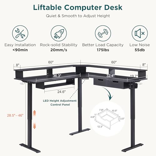 Image of RedLemon 60 Inches L Shaped Electric Standing Desk, Height Adjustable Corner Gaming Desk with Drawers, Power Outlets & LED Lights, Computer Desk with Monitor Shelf, Carbon Fiber Black