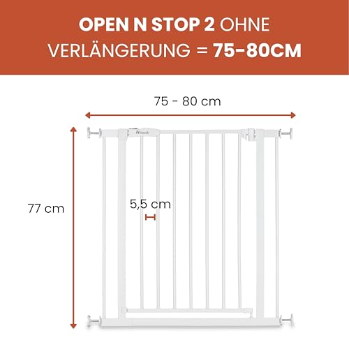 hauck Open N Stop 2, Weiß – Schutzgitter Treppe und Tür 75–80 cm – Kindersicheres Absperrgitter ohne Bohren – Manuelle 1 Hand Öffnung – nur für Innen