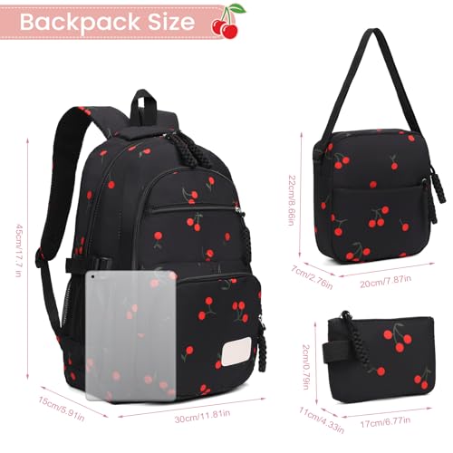 Image of Coquette Cherry Backpack - Cute Kawaii Backpack Set Aesthetic Daypack Cute Rucksack (C02 Cherry Black)