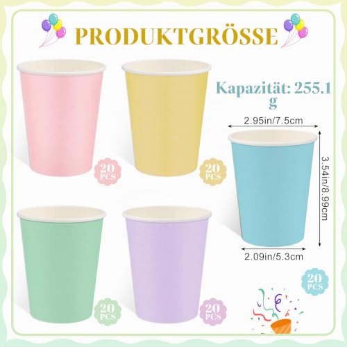 NatNarr 100 Pappbecher 260 Ml, Pastell Regenbogen, 5 Farben, Einweg – Ansicht 2