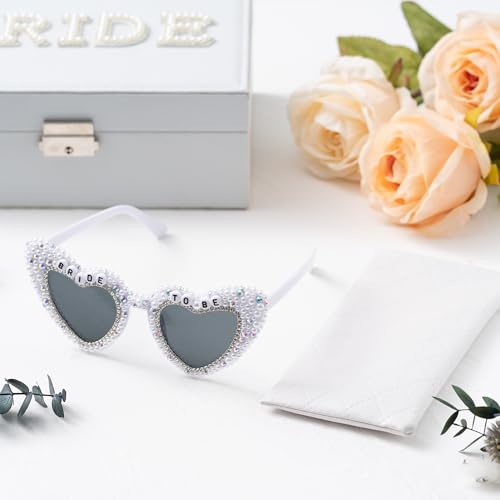 PANTIDE Bride To Be Sunglasses - Rhinestone Crystal Pearl Heart Shaped Sunglasses, Bachelorette Bridal Shower Wedding Engagement Party Glasses Accessories, Jewelry Gift for Bridesmaid Women (White)4