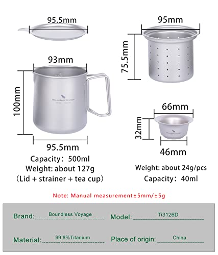 Boundless Voyage Titanium Teapot Coffee Mug Cups Set including Foldable Handles Fine Infuser to Brew Loose Leaf Tea Stovetop Tea and Coffee Pots for Openfire (Ti3126D-500mlx40ml cup) - Image 2