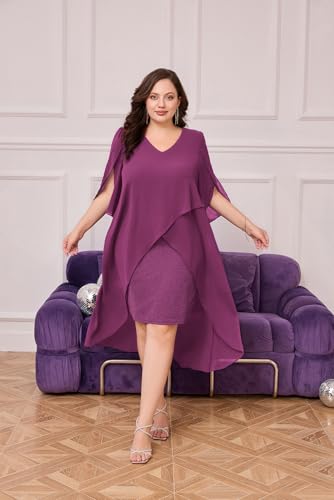 Image of Hanna Nikole Womens Plus Size Chiffon Cocktail Dress Ruffle 3 /4 Sleeve Wedding Guest Party Dresses with High Low Hem