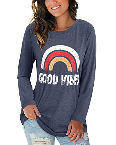 LAISHEN Women's Good Vibes Long Sleeve T Shirts Cute Graphic Blouse Tops Casual Funny Inspirational Teacher Fall Shirts (Gray Blue,L)
