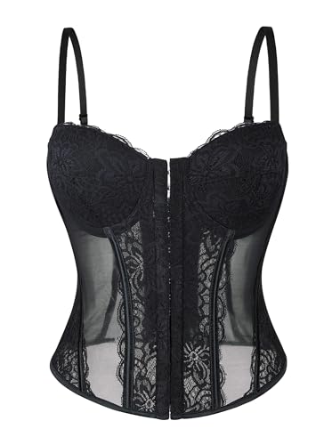 Wikoan Corset Mujer Top Sexy Encaje Corset Faja para Mujer Corsé con Tirantes y Cremallera,Negro,L