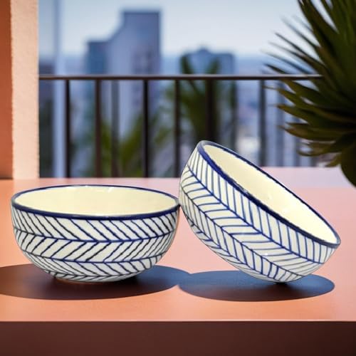 Image of KITTENS Ceramic Bowls 350ml - Set of 2 - Blue Arrow Pattern | Handcrafted Serving Bowls | Microwave & Dishwasher Safe | Ideal for Soup, Pasta, Cereal, Maggi, Dessert & Breakfast