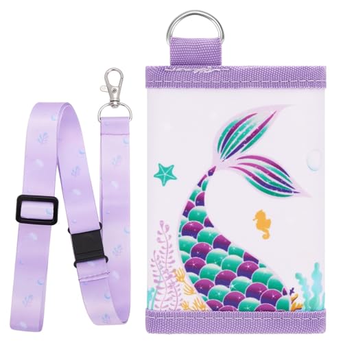 Kids Wallet - Mermaid Wallet for Girls Ages 4-12 Trifold Toddler Wallet with Lanyard Zippered Coin Pocket Card Holders Wallets Kids Purse Wallet Women Christmas Birthday Gift for Children