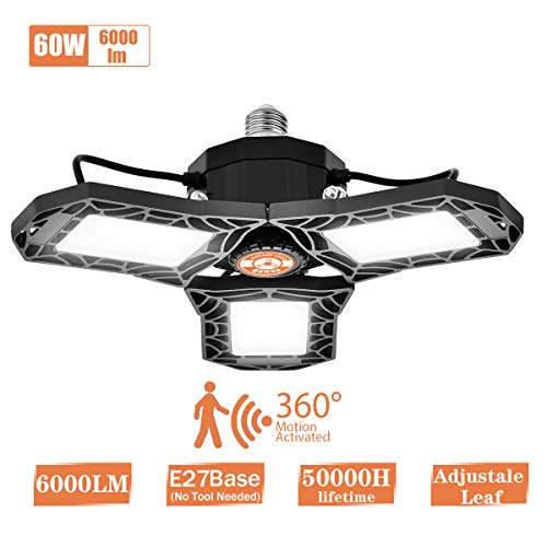 LED Garagenleuchte E27 60W Garage Licht Bewegungssensor 360 Grad LED Werkstattlampe Garagenleuchte 6000 LM mit 3 verstellbaren Panels für Garage Werkstatt Lager Keller